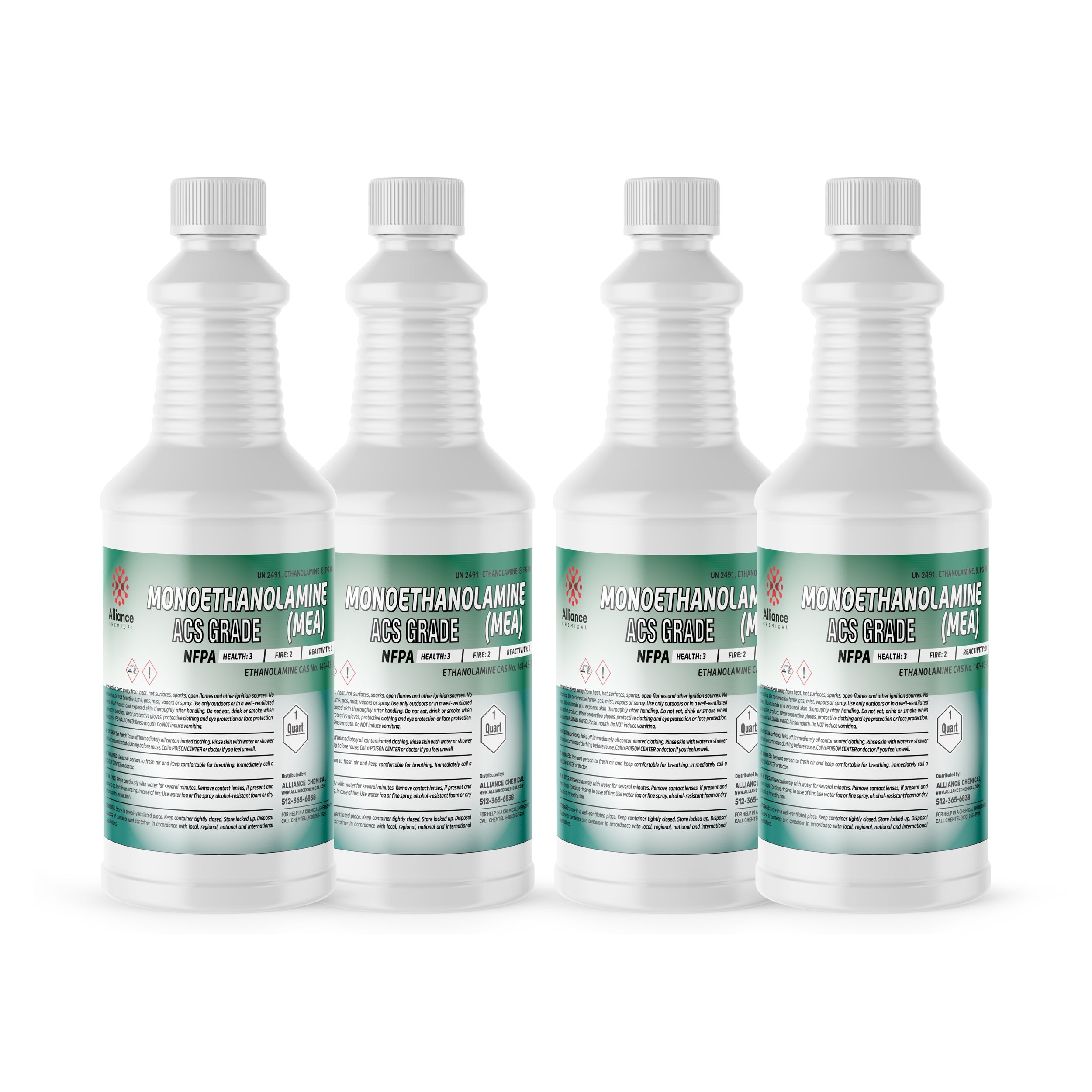 4x1-quart bottles of Monoethanolamine (MEA) ACS Grade reagent in white HDPE containers with chemical hazard symbols and NFPA diamond labels.